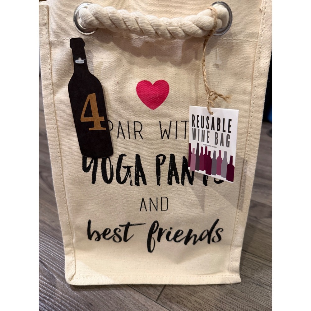 NWT Canvas 4 Bottle Reusable Wine Bag Tote Pairs Well W/ Yoga Pants Rope Handle